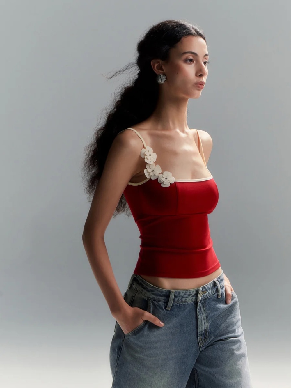 Commense Floral Contrast Trim Bodycon Cami Top
